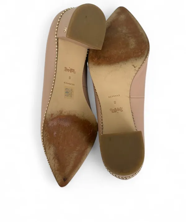 Coach Pointed Low Block Heel Pumps in Tan with Beaded Trim - Image 9