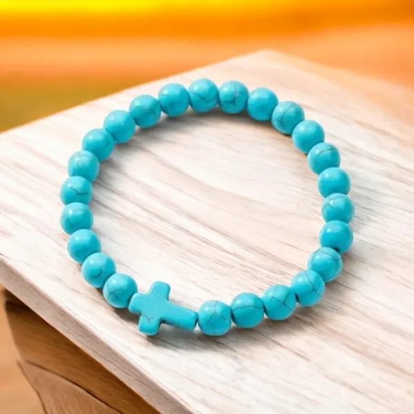 Lovely Faith Vintage-Inspired Turquoise‎ Beaded Bracelet with Cross Pendant - Image 8