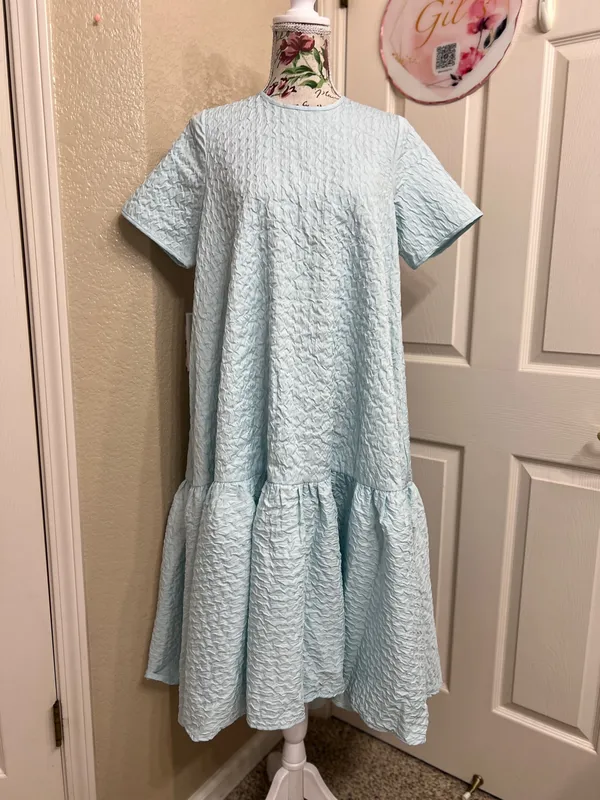 Ka Light Blue Short Sleeve Ruffled Hem Dress with pockets - Image 2