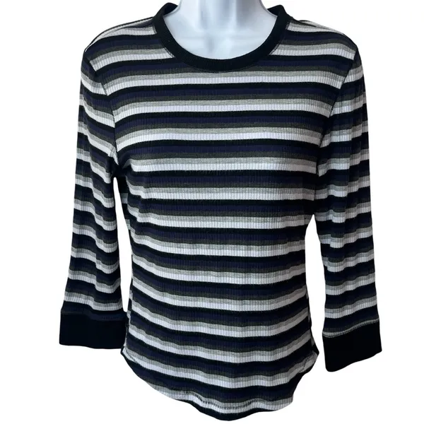 Intimately Free People Striped Ribbed Crew Top Preppy Goth Punk Academia M - Image 2