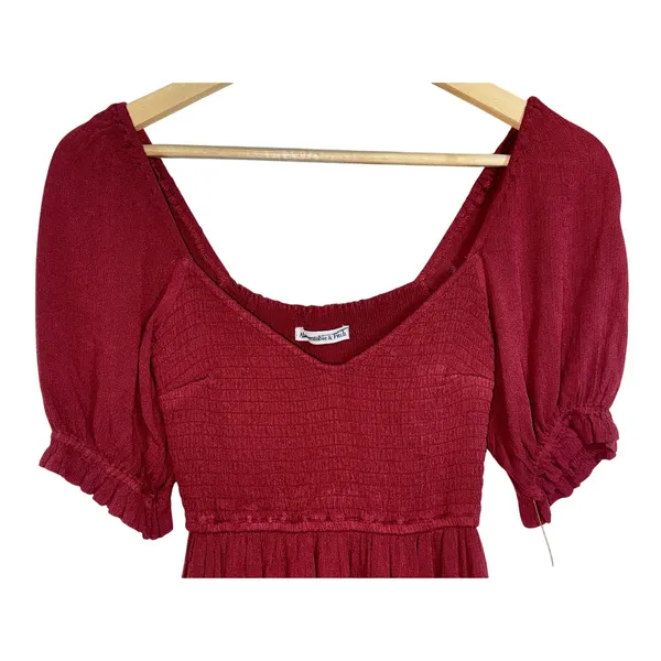 Abercrombie & Fitch Burgundy Red Smocked Puff Sleeve Slit Maxi Dress Size XS - Image 4
