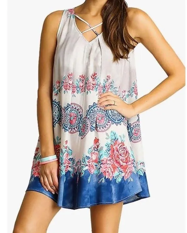 Umgee Women's Sleeveless Print Flowy V-Neckline Skinny Cross Straps Dress Tops L - Image 6