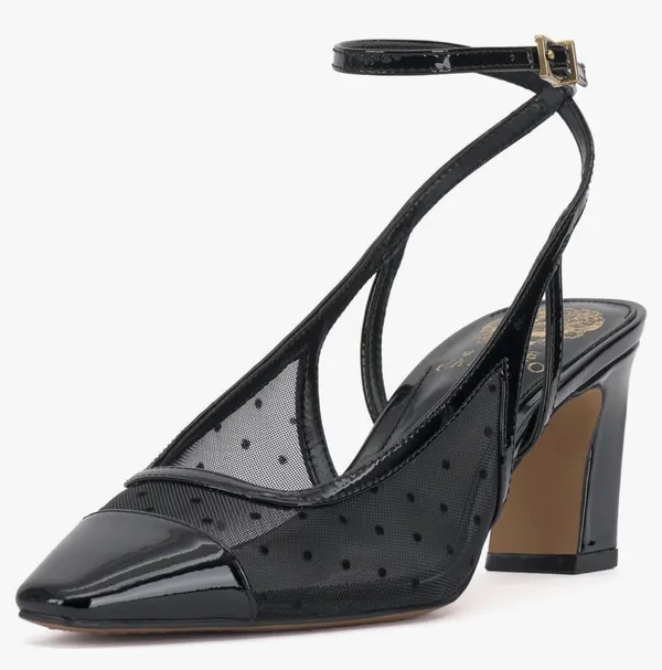 Vince Camuto Black Polka Dot Mesh Pointed Toe Ankle Strap Heels - Image 2