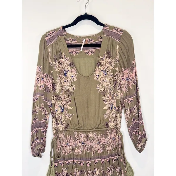Free People Womens Dress Green Moonlight Floral Mini Smocked A Line Boho Small - Image 7