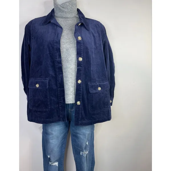 Appleseeds Wide Wale Corduroy Shacket Barn Coat Chore Jacket Stretch Navy Blue M - Image 3