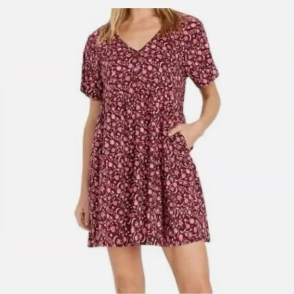 Old Navy Floral Mini Dress Women’s Small Burgundy Pink V-Neck Pockets Boho - Image 4