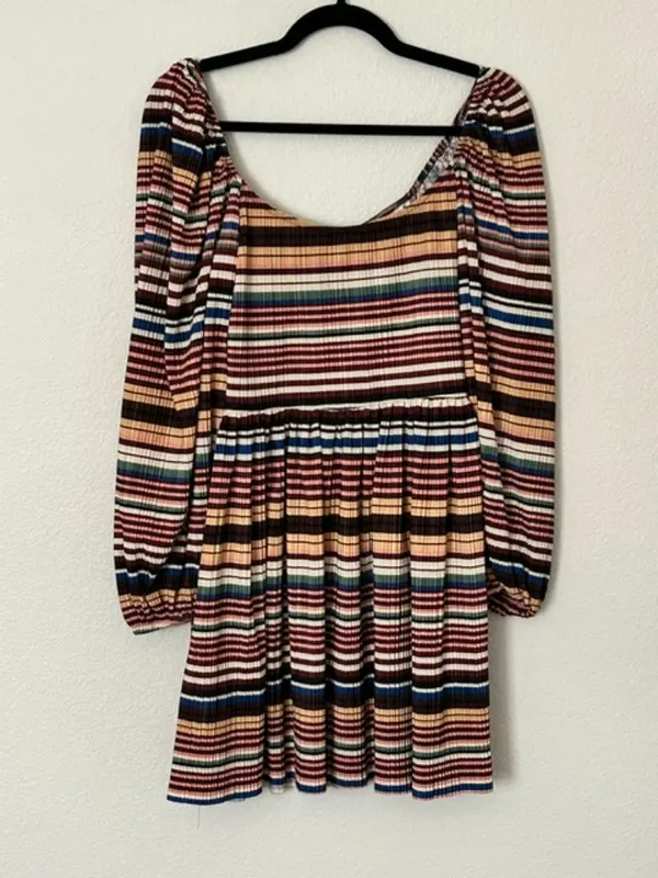 Zara Striped Babydoll Mini Dress Puff Sleeve Earthy Artsy‎ Festival Boho Medium - Image 3