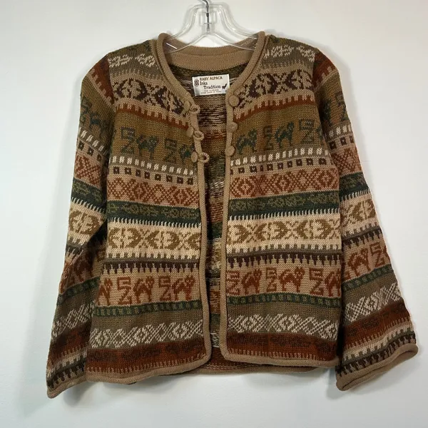 Inka Tradition Baby Alpaca‎ Hand Made Peru Fair Isle Llama Knit Cardigan Sweater - Image 5