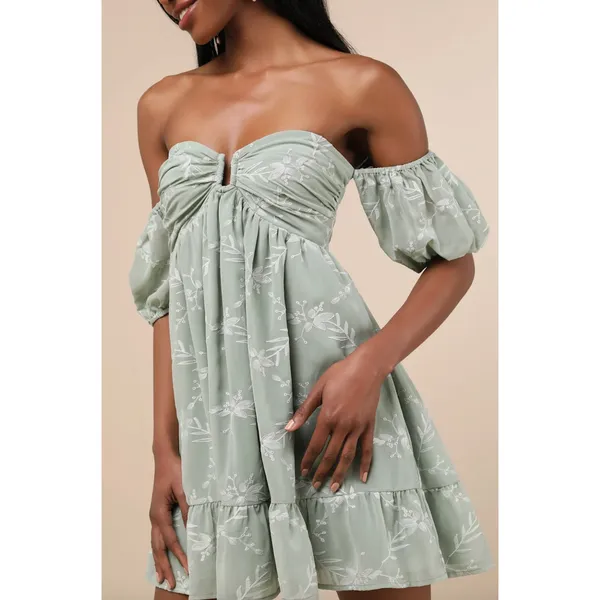 Lulus Cutest Icon Sage Green Embroidered Off-the-Shoulder Mini Dress Small NWT - Image 3