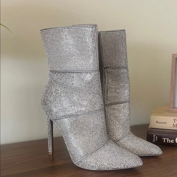 Steve Madden Rhinestone Pointed Toe Booties Silver Size 6M - Image 3