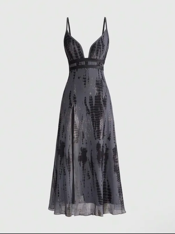 Sleek Gray Grunge Goth Plunge Maxi Dress with High Slit New - Image 9