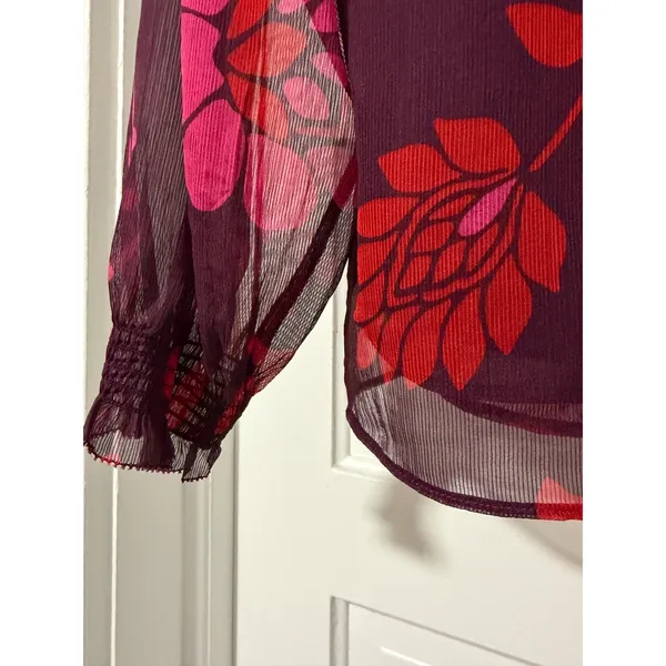 Ann Taylor Plum Red Floral Smocked Mock Neck Blouse Sheer Long‎ Sleeve NWT S - Image 8