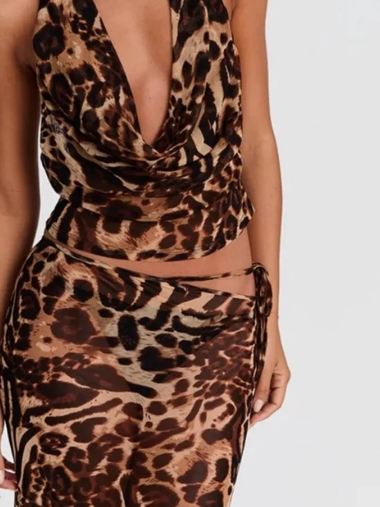 Sasha Therese Aubrey Maxi Skirt Leopard Print Mesh Sheer Cut Out XS⁠ Resortwear - Image 4