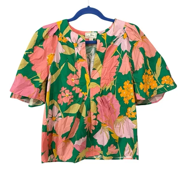 Flora Bea 100% Cotton Green Pink Floral Puff Sleeve Top Size Small - Image 2