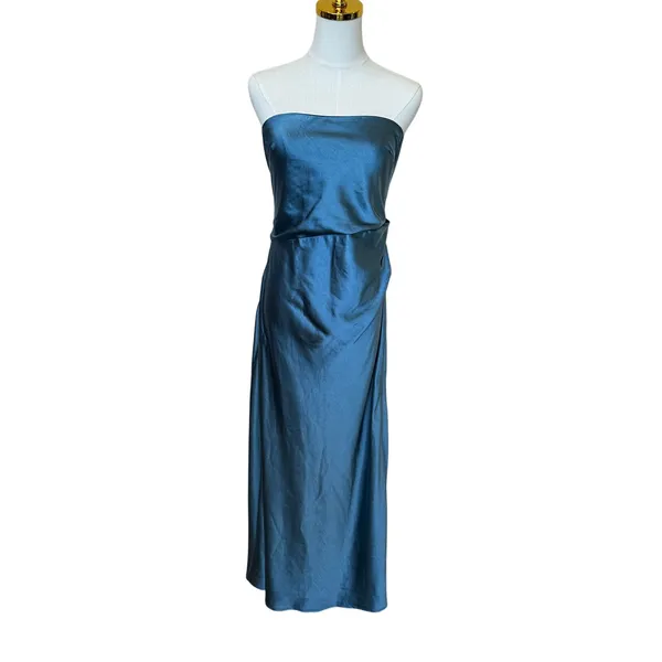 Runaway Blue Satin Midi Slip Dress XL Ruched Cocktail Semi Formal Bias Cut $139 - Image 4