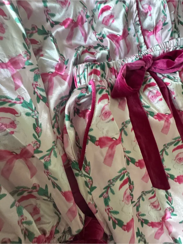 Pink Bow Floral Satin Robe with Velvet Trim - Image 2