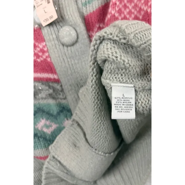 Dressbarn Grey Pink Fair Isle Cardigan Sweater Metallic Accents Size L NEW - Image 6