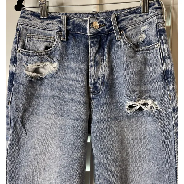 PacSun Womens 25 Blue Mom Jean‎ Thrashed High Waisted Straight Leg Denim Preppy - Image 3