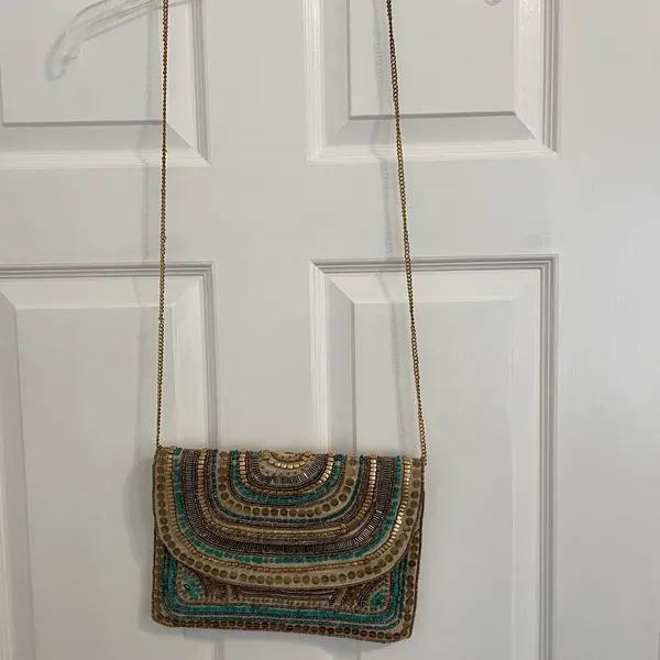 Beaded Gold, Tan and Teal Clutch - Image 2