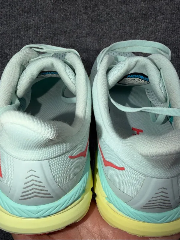 Hoka Clifton 7 running shoes in the Morning Mist and Hot Coral colorway size 10D - Image 7