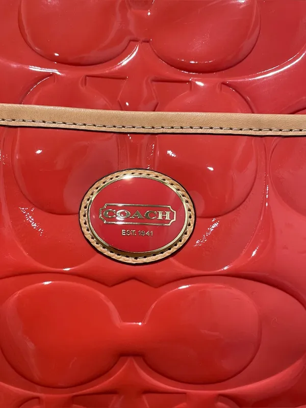 Coach Peyton Embossed Patent Leather Coral Orange Shoulder Crossbody Tote F20028 - Image 4