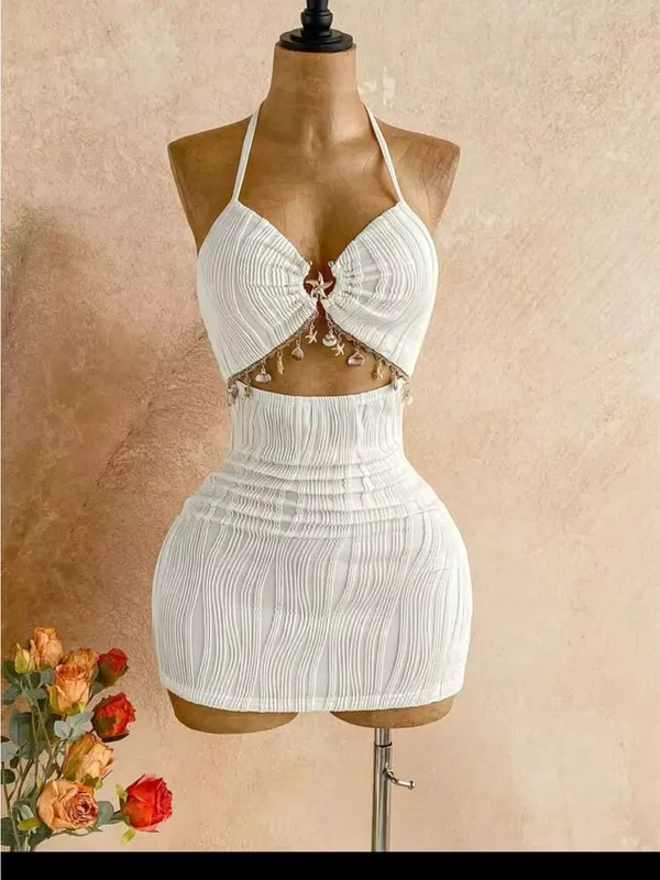 SHEIN White Cutout Halter Mini Dress with Star Charm size medium - Image 2