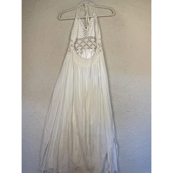 LILBETTER Dress Womens M‎ White Crochet Halter Backless Maxi Boho Bridal Beach - Image 2