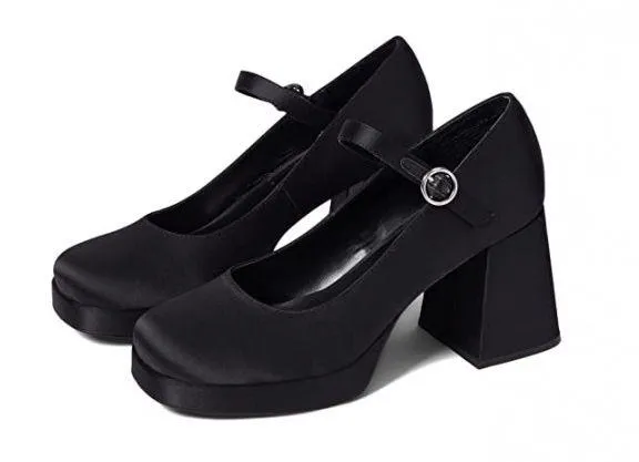 Steve Madden NWT MINGLE Black Satin Platform Mary Jane Heel. Size 9 - Image 2