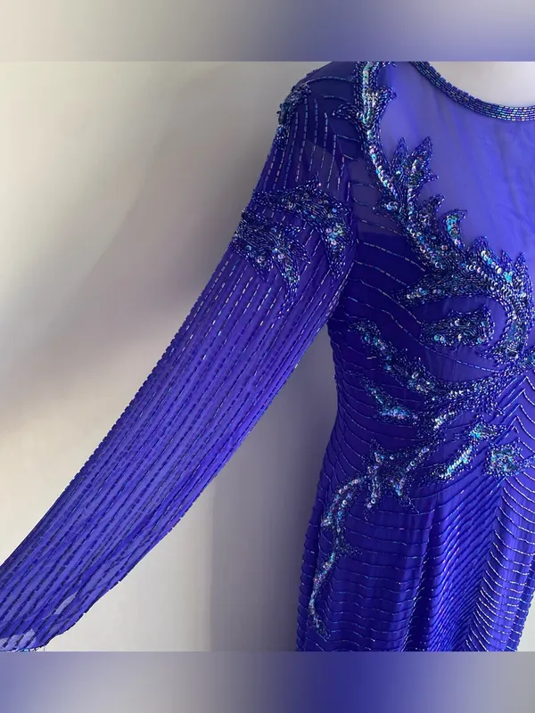A.J. Bari vintage blue beaded silk floor length gown glamour gala black tie 12 - Image 3