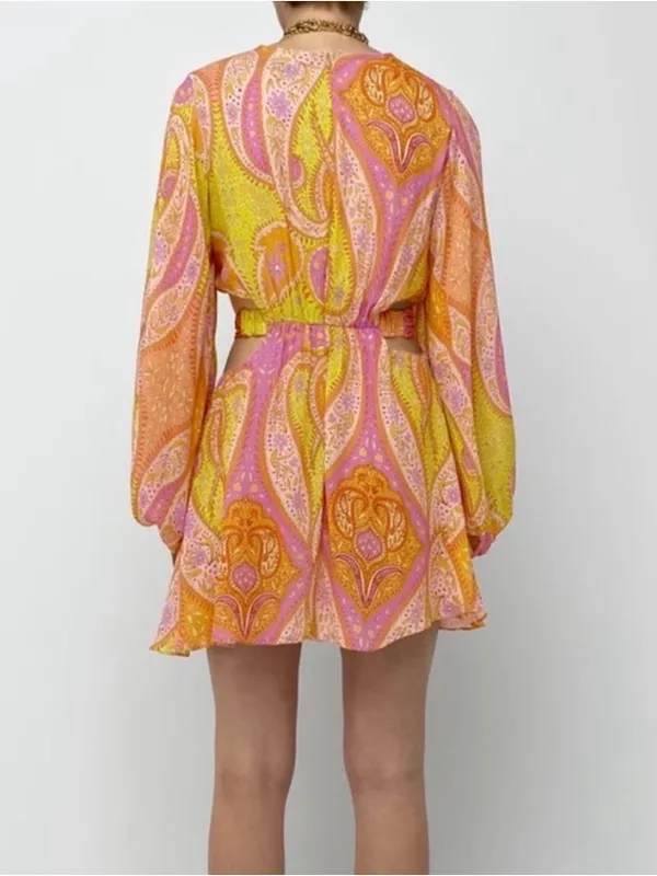 Zara Paisley Cutout Boho Mini Dress‎ With Balloon Sleeves Size M NWT - Image 4