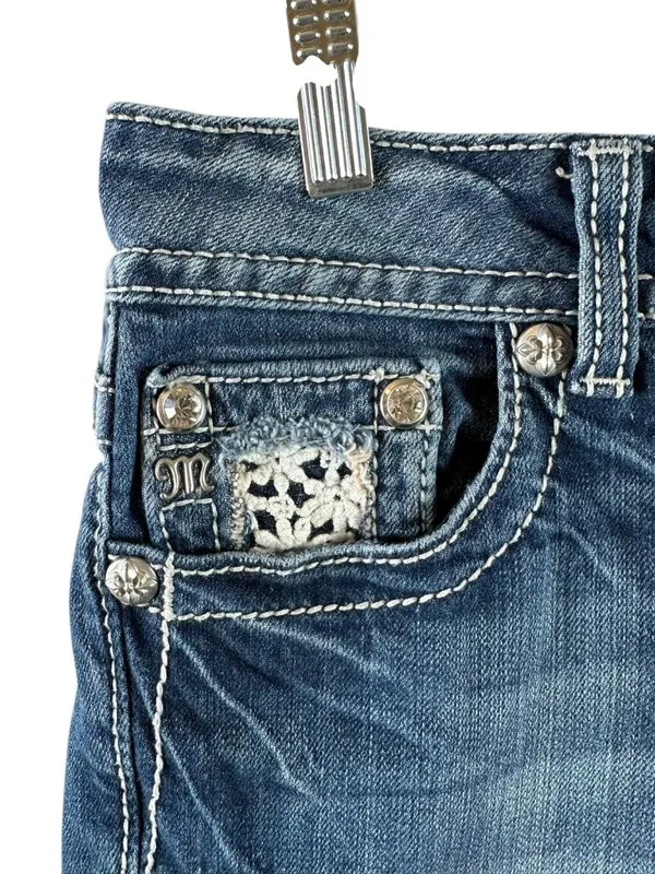 Miss Me Medium Wash Embellished Bermuda Shorts Crochet Studded Size 29 - Image 3