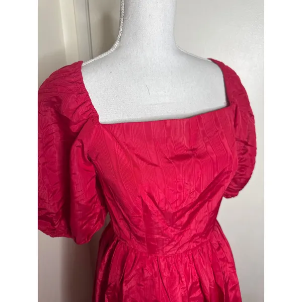 VTG 80s Romantic Red Taffeta Party Dress Puff Sleeve Square Neck Maxi Prom Gown - Image 7