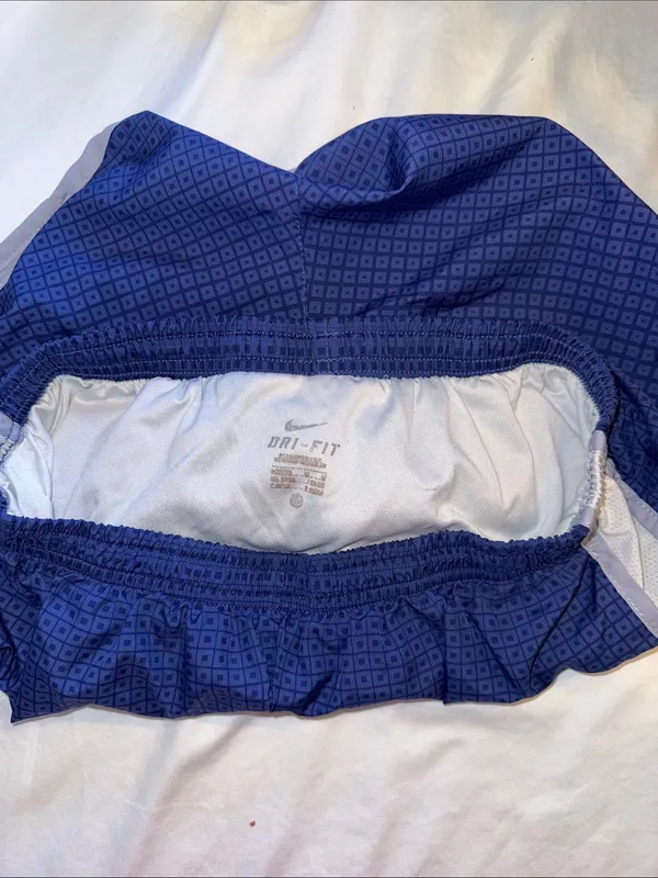 Nike Women's Purple-Blue Athletic Running Shorts White Trim dri fit Med lined - Image 5