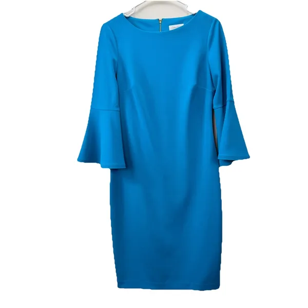 Calvin Klein Turquoise Blue‎ 3/4 Bell Sleeve Stretch Crepe Sheath Dress Size 6 - Image 3