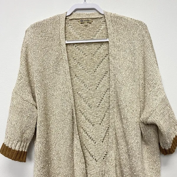 Democracy‎ Open Cardigan Women's XL Beige Gold Lurex Open Knit Sweater - Image 2