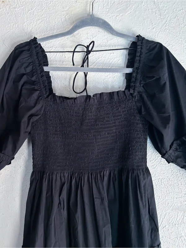Hill House Home Nesli Nap Dress Black Smocked Tiered Midi Puff Sleeve Small - Image 3