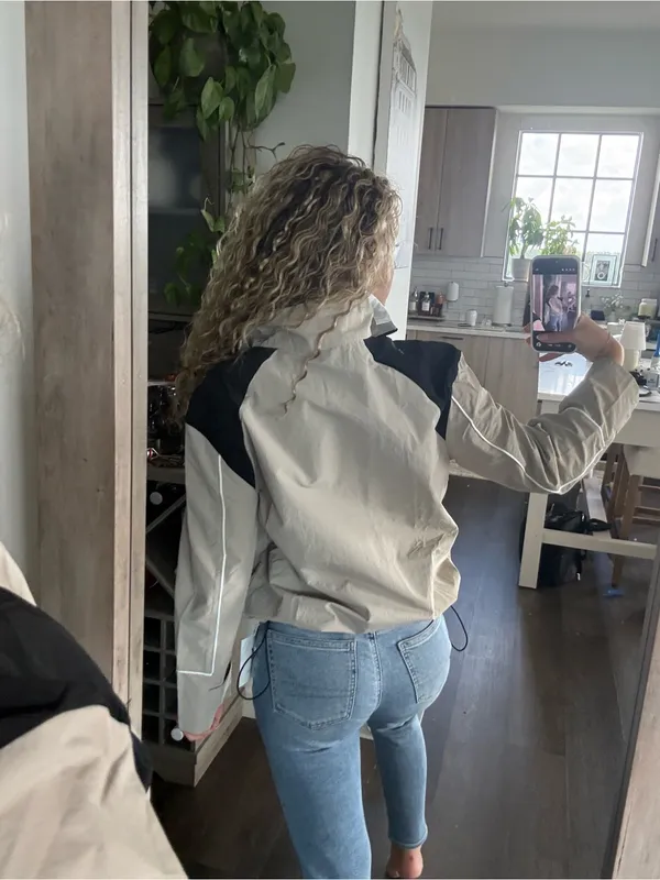 Yousify Light Beige Bomber Jacket with Black Shoulder Accents (Size Small) - Image 2