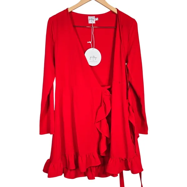 Princess Polly Agnetha‎ Mini Dress Red Long Sleeve Wrap Ruffle Flounce Women's 8 - Image 3