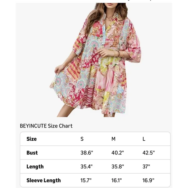Women's Babydoll Mini Dress Boho Floral 3/4 Bell Sleeve Dress Small - Image 3
