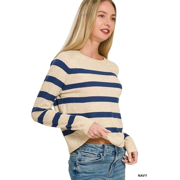 Zenana Lightweight Wool Blend Striped Round Neck Sweater - Medium‎ - Image 2