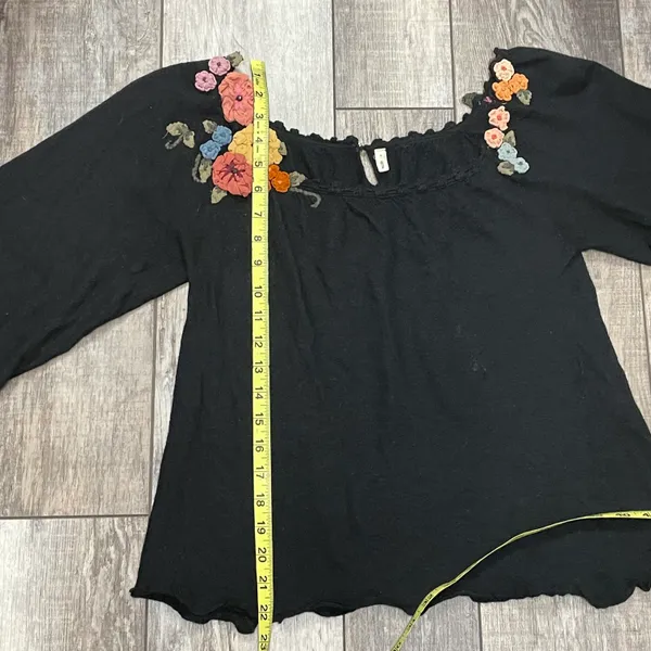 Moth for 3/4 Sleeve Black Wool Blend Blouse Floral Appliqué Detail - Image 13