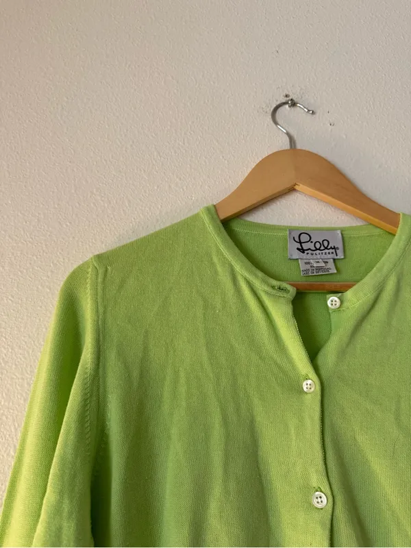 Vintage Lilly Pulitzer Bright Lime Green Button-Front Cardigan - Image 3