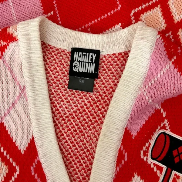 HARLEY QUINN Argyle Cardigan Sweater DC Comics Harlequin Batman Joker Small - Image 11