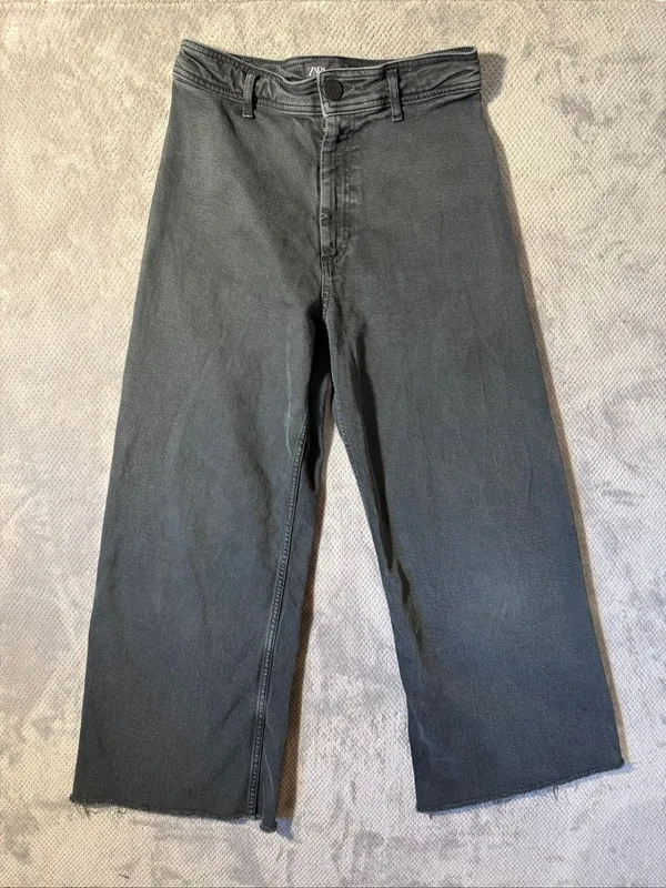 Zara Marine Straight High Rise Wide Leg Jeans Charcoal Gray Raw Hem Size 8 #1900 - Image 2