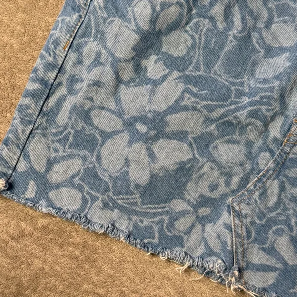H&M‎ 90s Floral Denim Mini Skirt Frayed Hem Blue Y2K Grunge Button Fly Size 10 - Image 8
