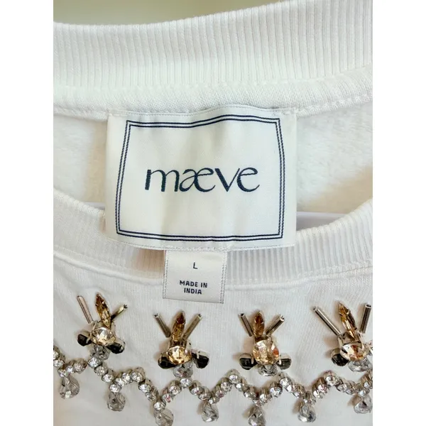 Maeve Anthropologie White Embellished Jeweled Neckline Cotton Sweatshirt Large - Image 3