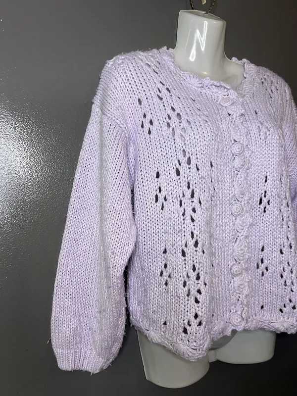 Vintage The Weathervane Cardigan Sweater Womens Medium Purple Crochet Knit - Image 3