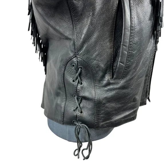 UNIK Leather Fringe‎ Biker Jacket Small Black Purple Rose Inlay Motorcycle Goth - Image 7