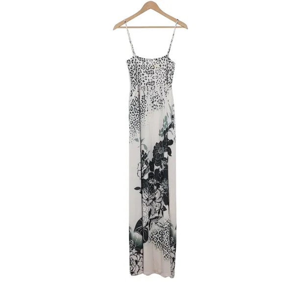Ocean Blue Leopard Floral Maxi Dress XL White Black Smocked Spaghetti Strap - Image 2