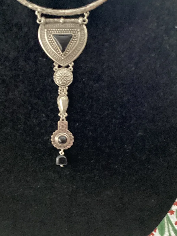Silver-Tone Statement Pendant Necklace with Black Accents - Image 2